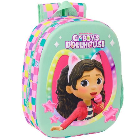 Un sac à dos Gabby's Dollhouse vert menthe avec des motifs à carreaux roses et jaunes.